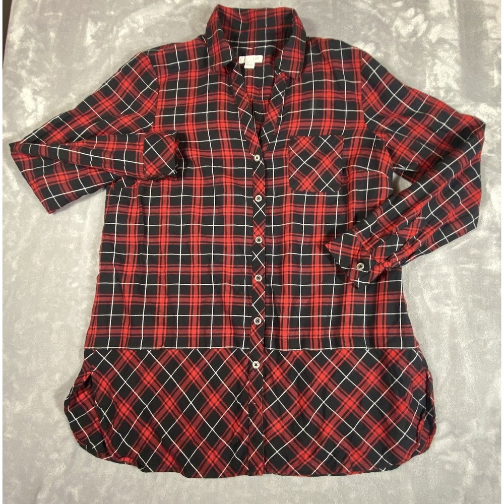 J Jill Long Sleeve Button Tunic Top Small Petite  Red Black Plaid Pocket Holiday